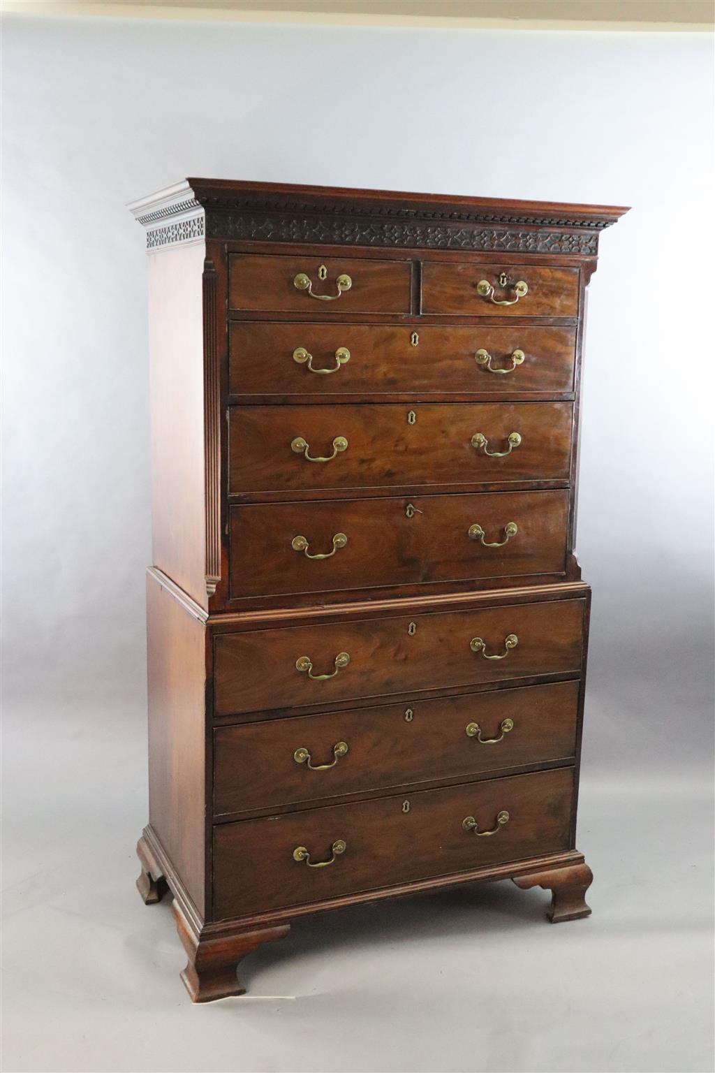 A George III mahogany chest on chest, W. 3ft 3in. D. 2ft 5in. H. 6ft 5in.